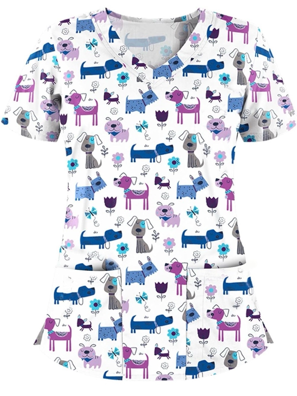 Playful Puppy Print V-Neck Scrub Top - White with Blue & Purple Dogs